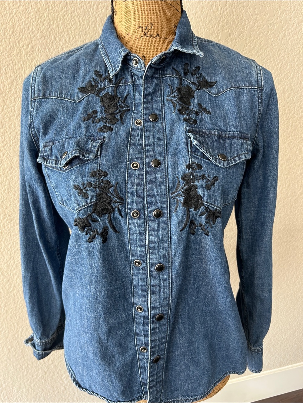 Lucky Brand Blue Denim Shirt with Black Floral Embroidery